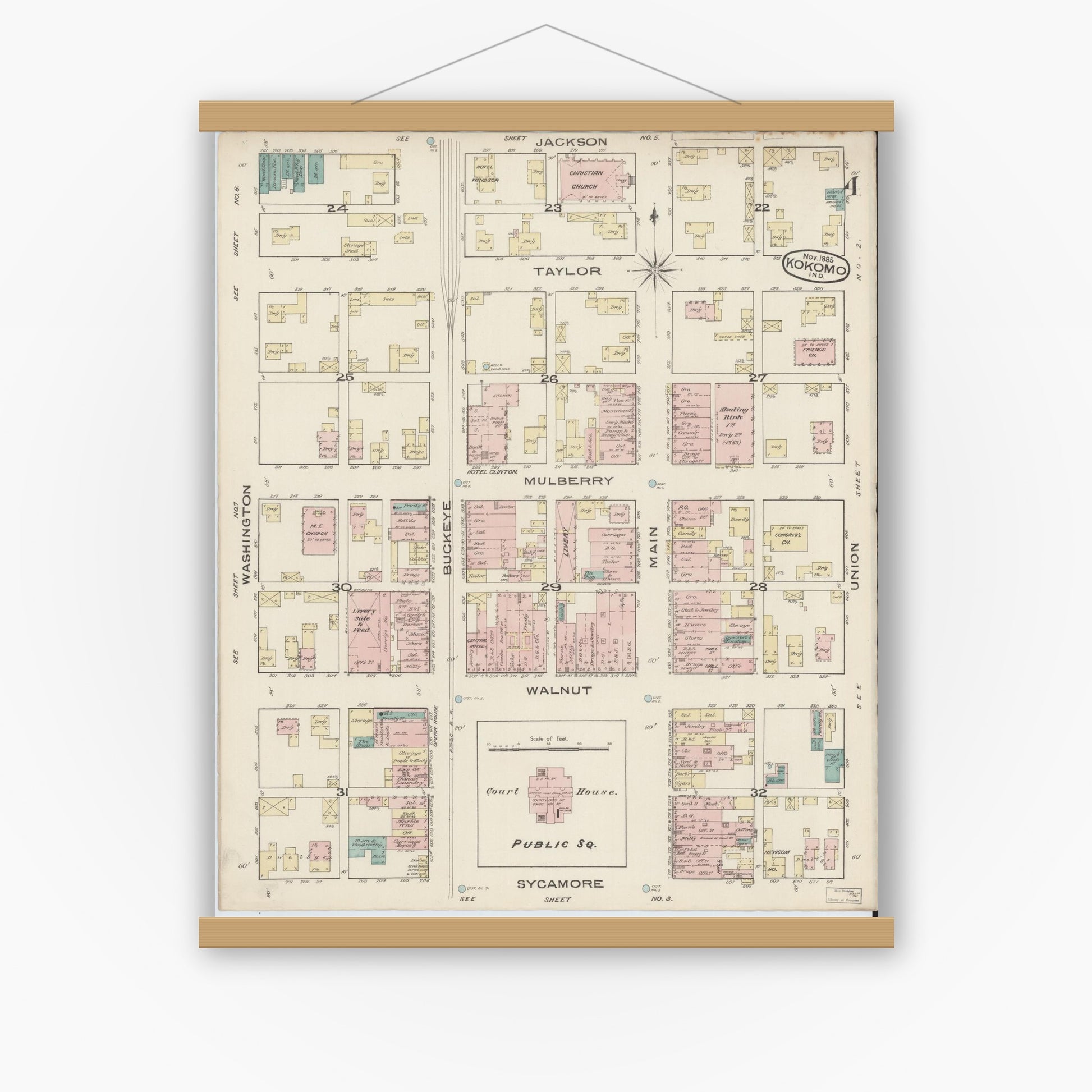 Old map wall art mockup — magnetic wood frame on white wall — Sanborn Fire Insurance Map from Kokomo, Howard County, Indiana (1885), Sheet #0004