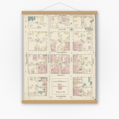 Old map wall art mockup — magnetic wood frame on white wall — Sanborn Fire Insurance Map from Kokomo, Howard County, Indiana (1885), Sheet #0004