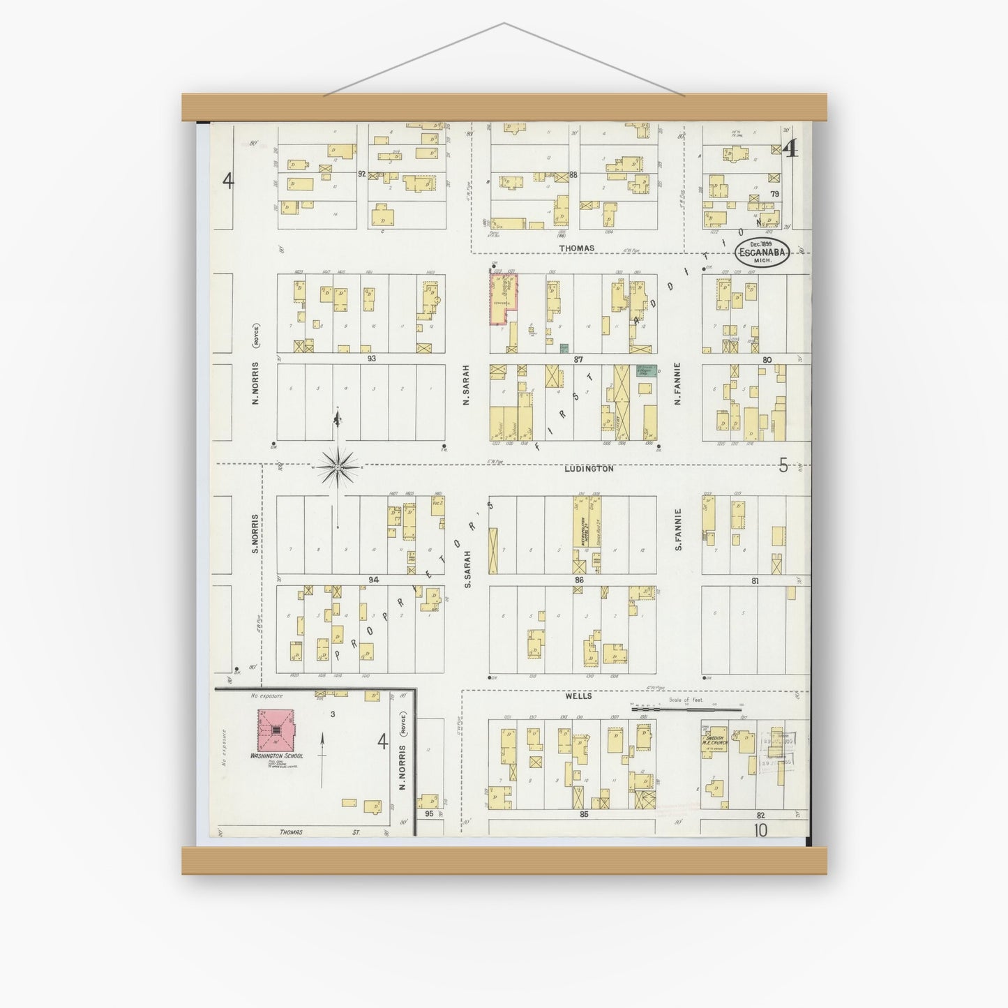 Old map wall art mockup — magnetic wood frame on white wall — Sanborn Fire Insurance Map from Escanaba, Delta County, Michigan (1899), Sheet #0004