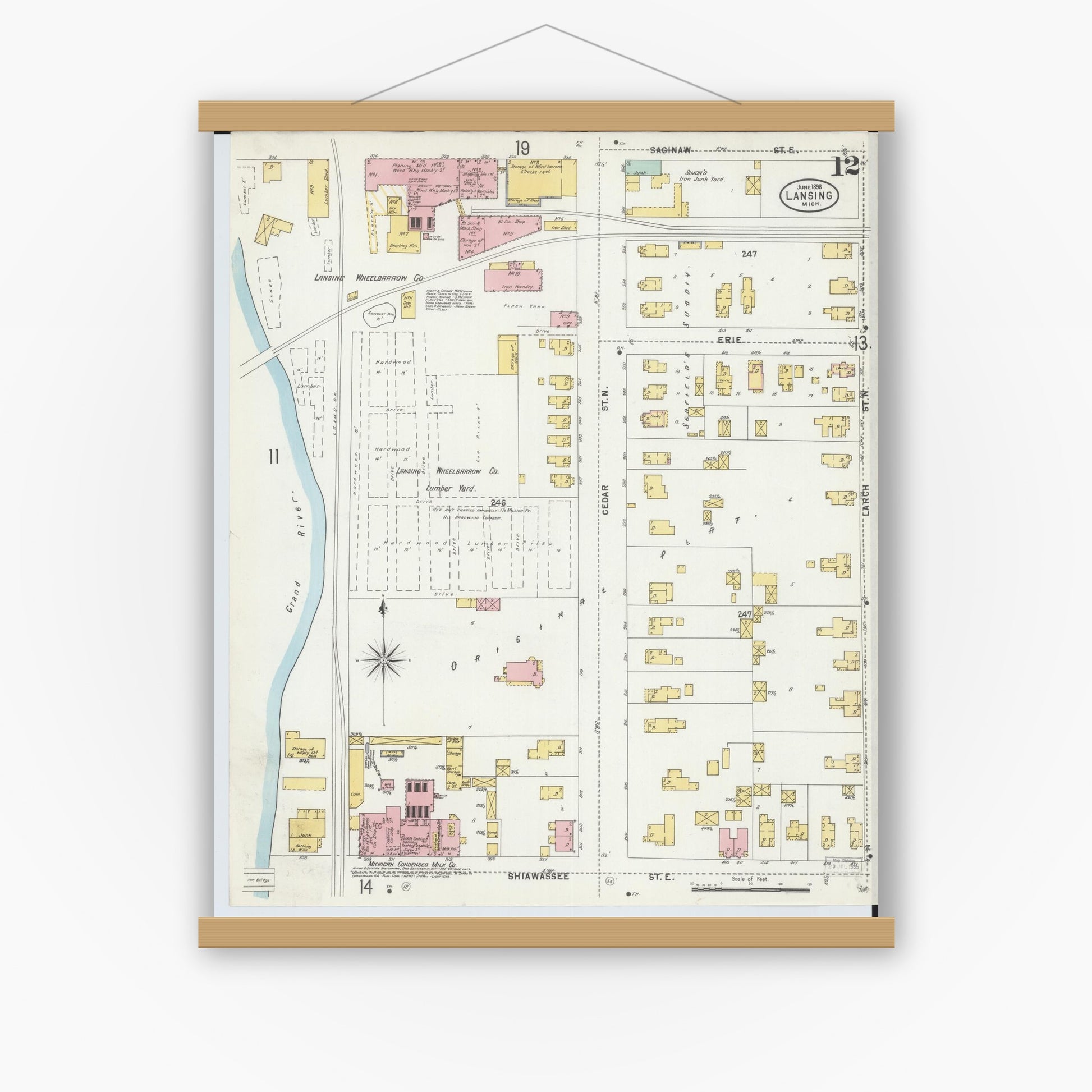 Old map wall art mockup — magnetic wood frame on white wall — Sanborn Fire Insurance Map from Lansing, Ingham County, Michigan (1898), Sheet #0012