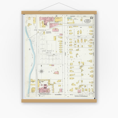 Old map wall art mockup — magnetic wood frame on white wall — Sanborn Fire Insurance Map from Lansing, Ingham County, Michigan (1898), Sheet #0012