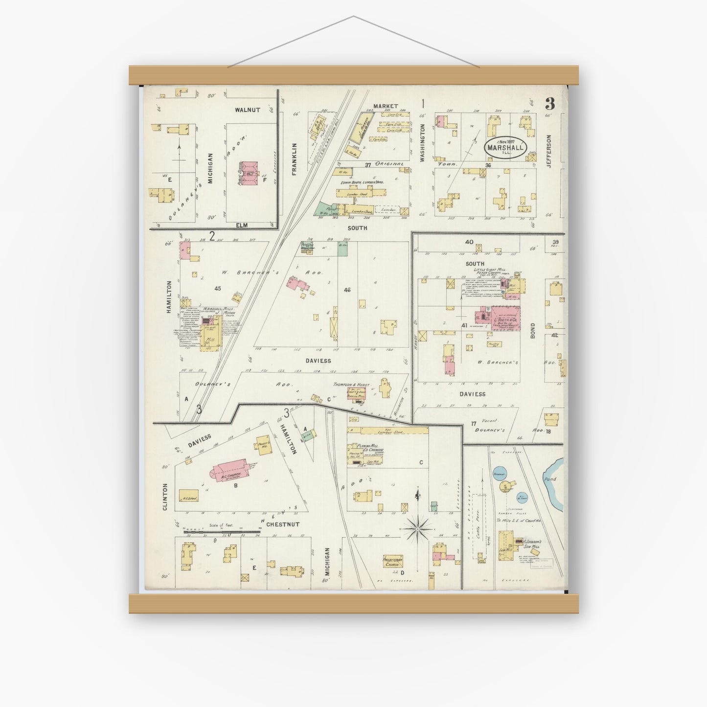 Old map wall art mockup — magnetic wood frame on white wall — Sanborn Fire Insurance Map from Marshall, Clark County, Illinois (1897), Sheet #0003