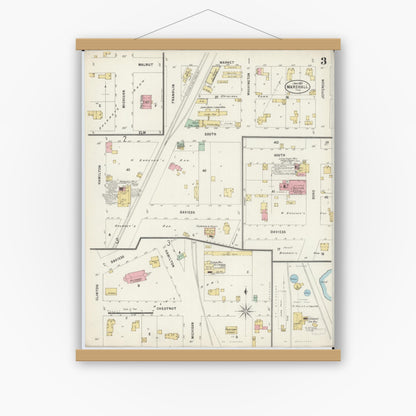 Old map wall art mockup — magnetic wood frame on white wall — Sanborn Fire Insurance Map from Marshall, Clark County, Illinois (1897), Sheet #0003