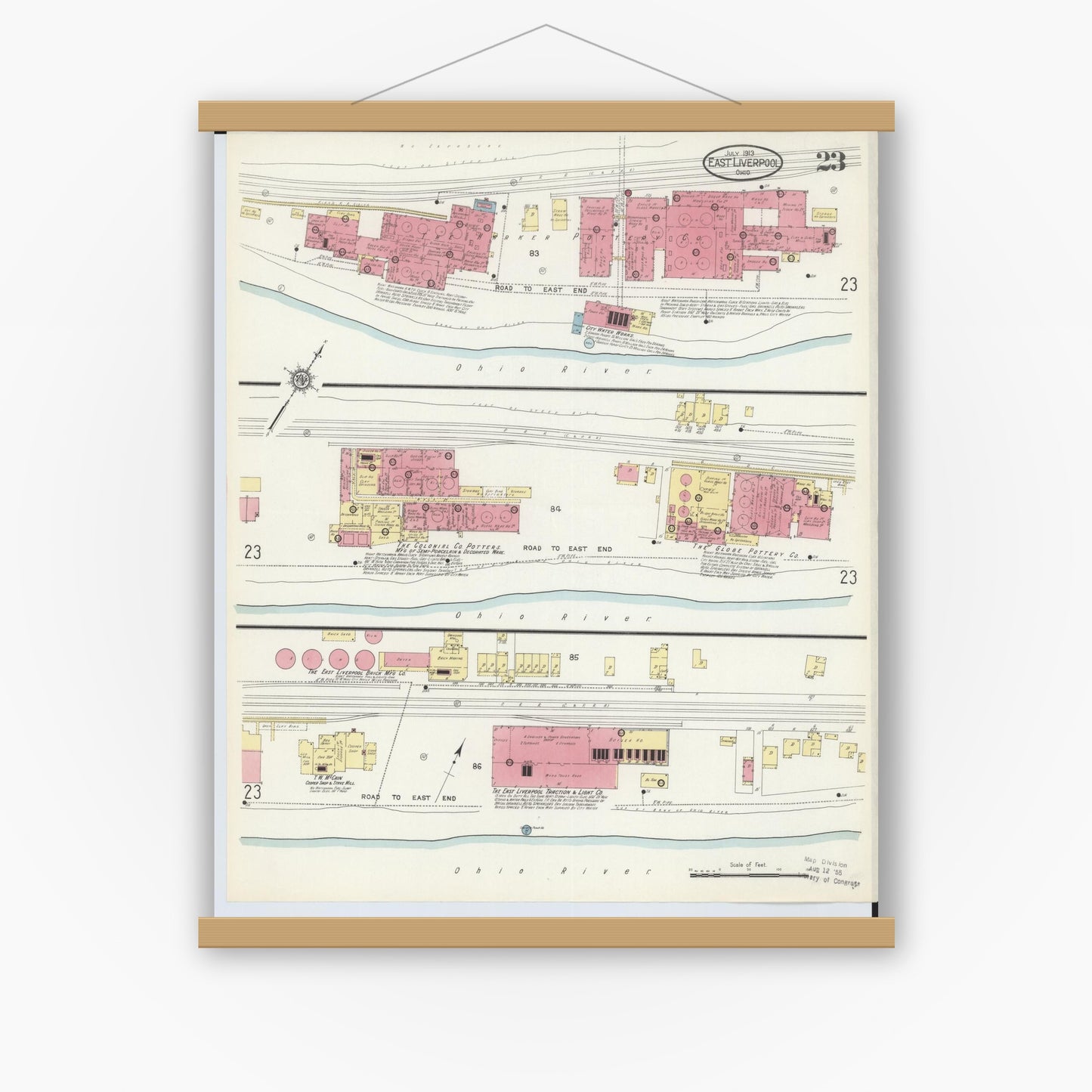 Old map wall art mockup — magnetic wood frame on white wall — Sanborn Fire Insurance Map from East Liverpool, Columbiana County, Ohio (1913), Sheet #0023