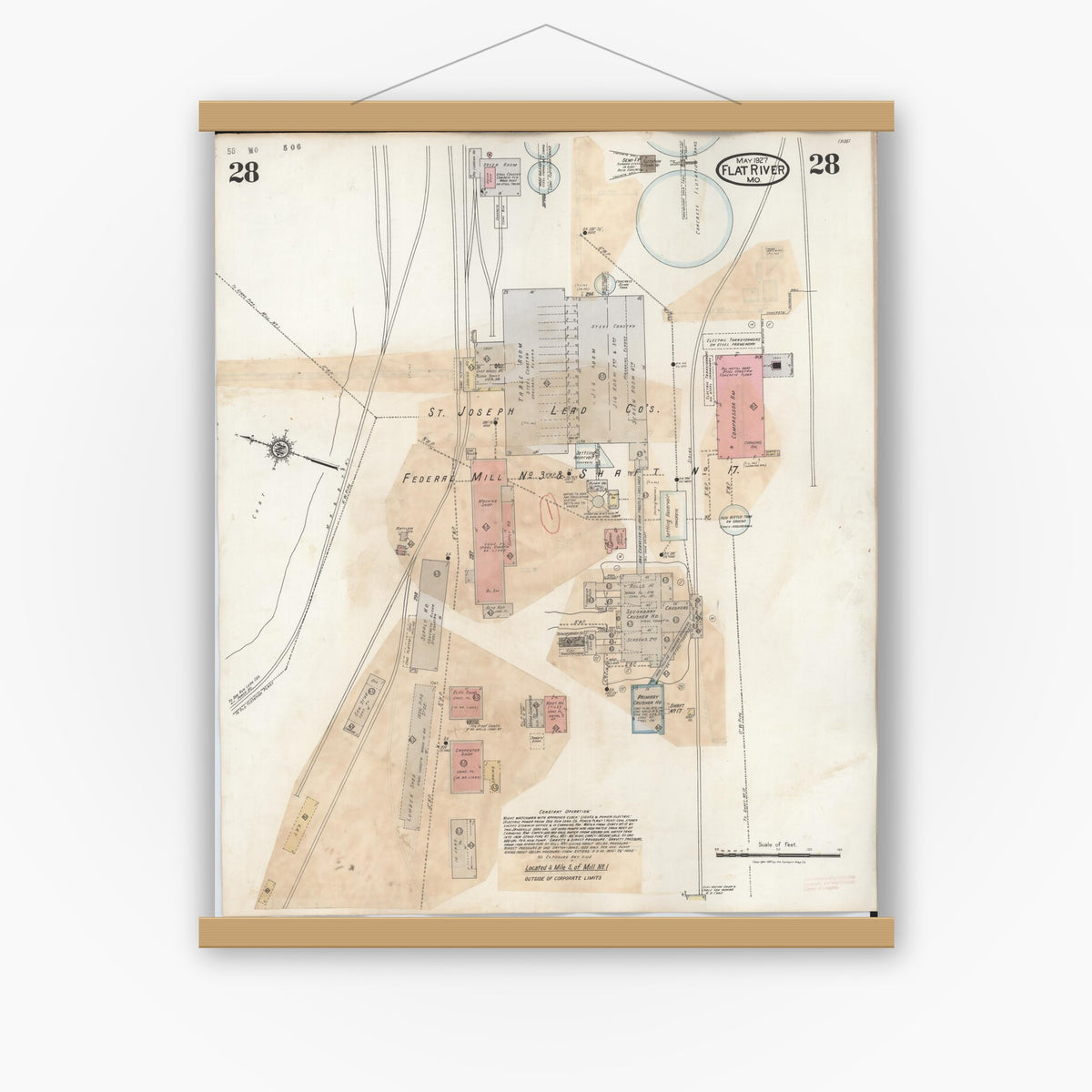 Old map wall art mockup — magnetic wood frame on white wall — Sanborn Fire Insurance Map from Flat River, Saint Francois County, Missouri (1938), Sheet #0028