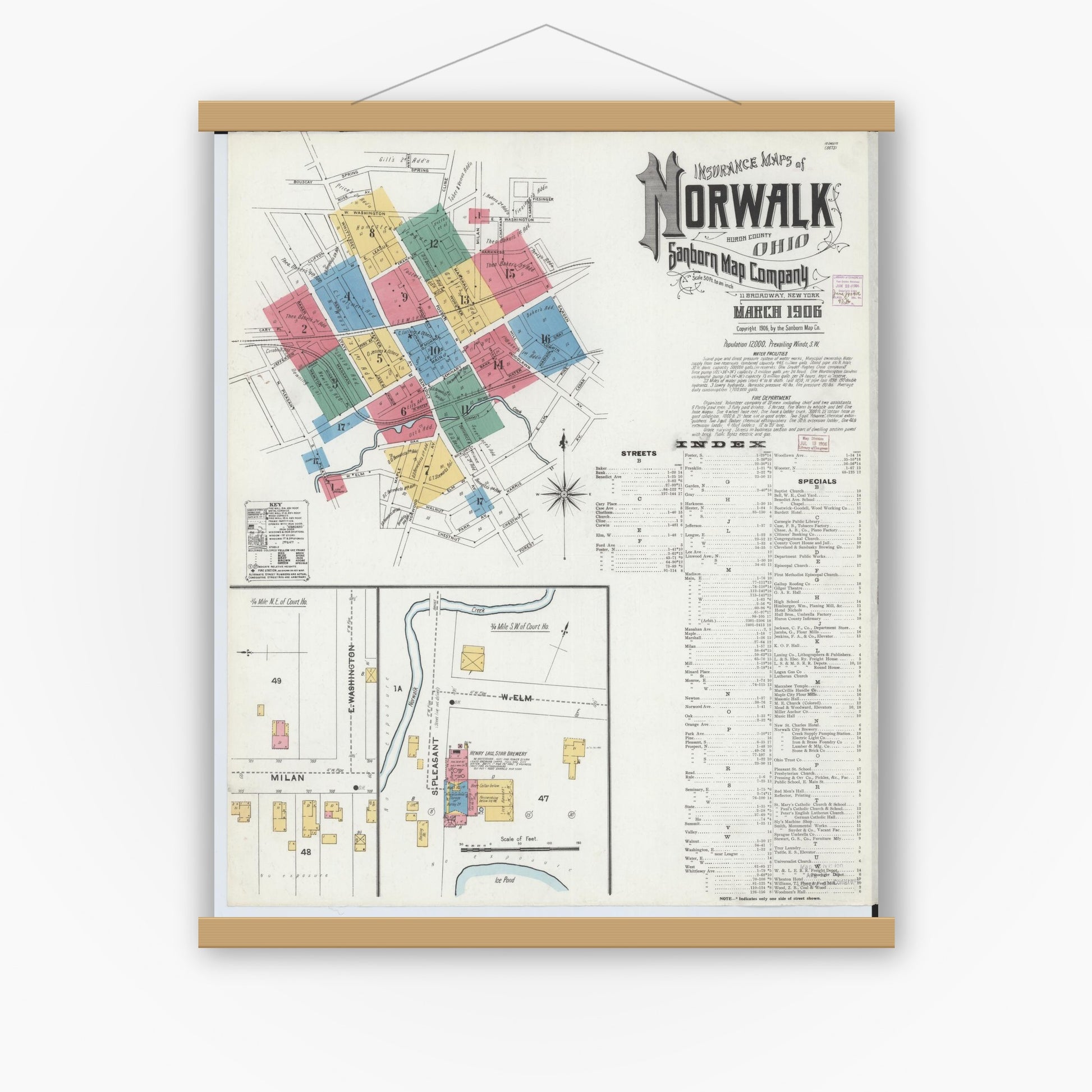 Old map wall art mockup — magnetic wood frame on white wall — Sanborn Fire Insurance Map from Norwalk, Huron County, Ohio (1906) - Complete Map Set