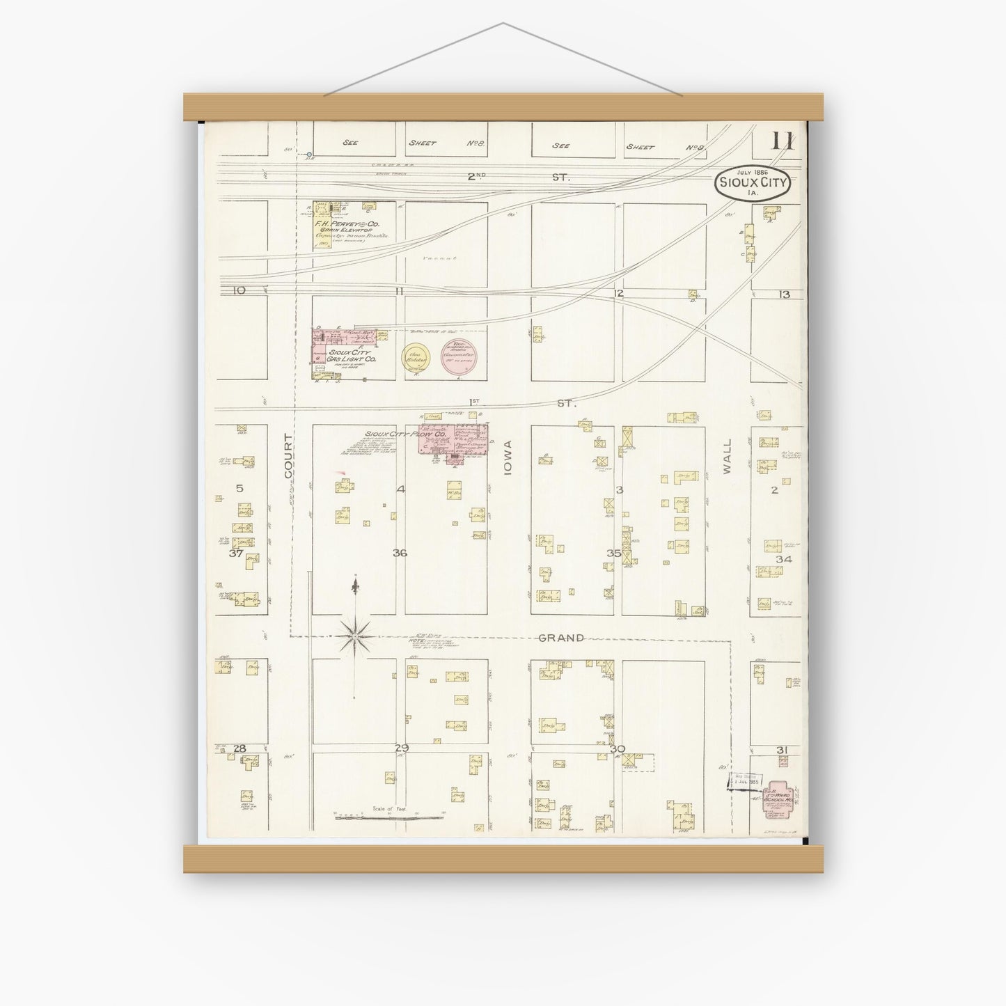 Old map wall art mockup — magnetic wood frame on white wall — Sanborn Fire Insurance Map from Sioux City, Woodbury County, Iowa (1886), Sheet #0011