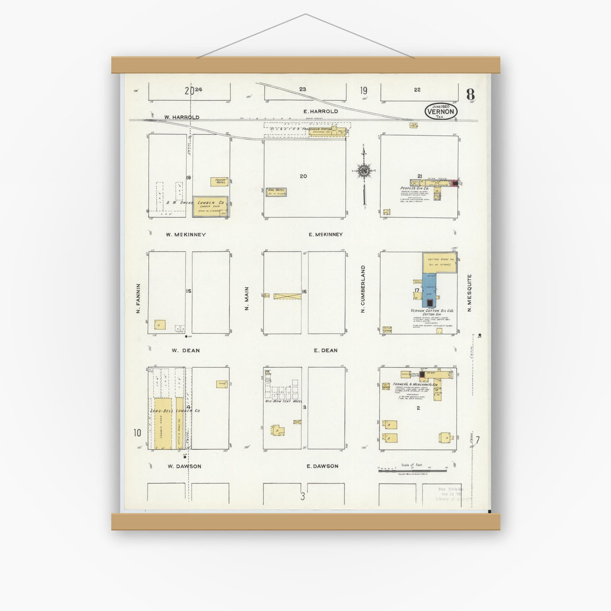 Old map wall art mockup — magnetic wood frame on white wall — Sanborn Fire Insurance Map from Vernon, Wilbarger County, Texas (1920), Sheet #0008