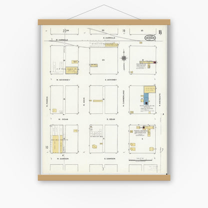 Old map wall art mockup — magnetic wood frame on white wall — Sanborn Fire Insurance Map from Vernon, Wilbarger County, Texas (1920), Sheet #0008