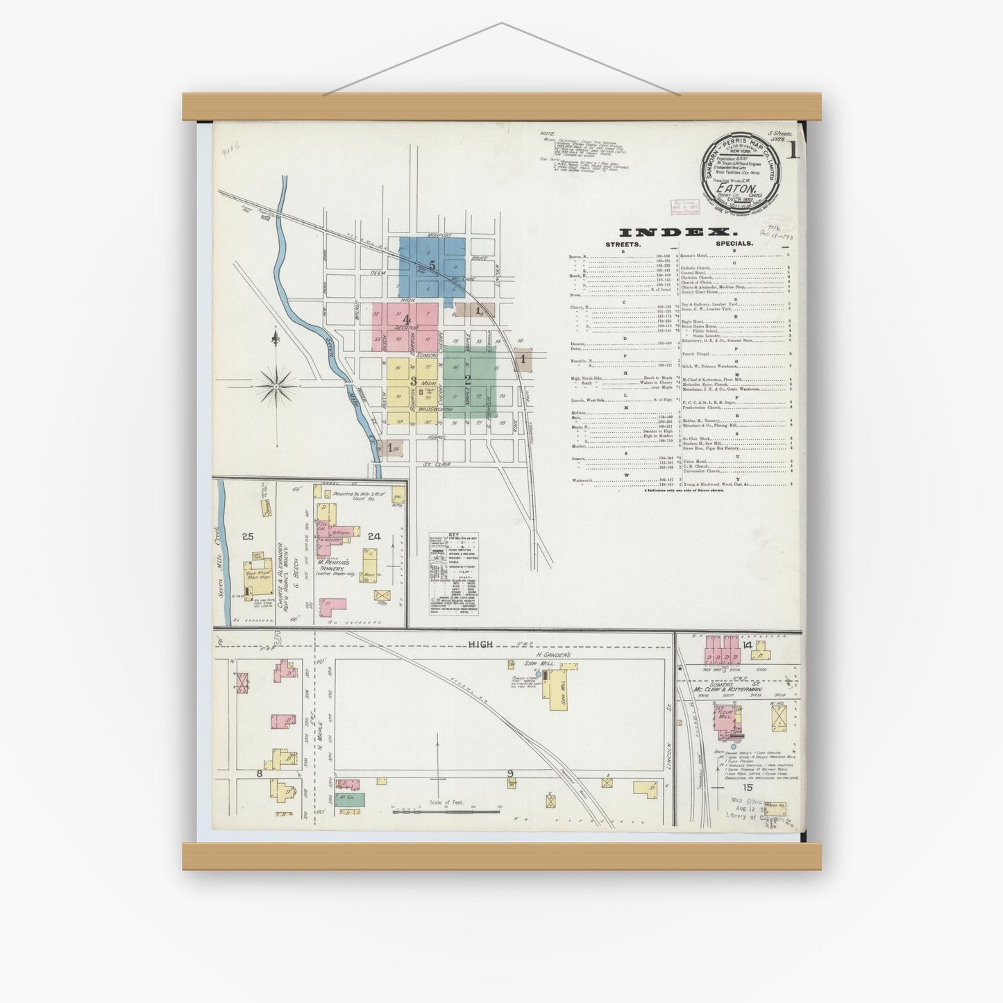 Old map wall art mockup — magnetic wood frame on white wall — Sanborn Fire Insurance Map from Eaton, Preble County, Ohio (1892) - Complete Map Set