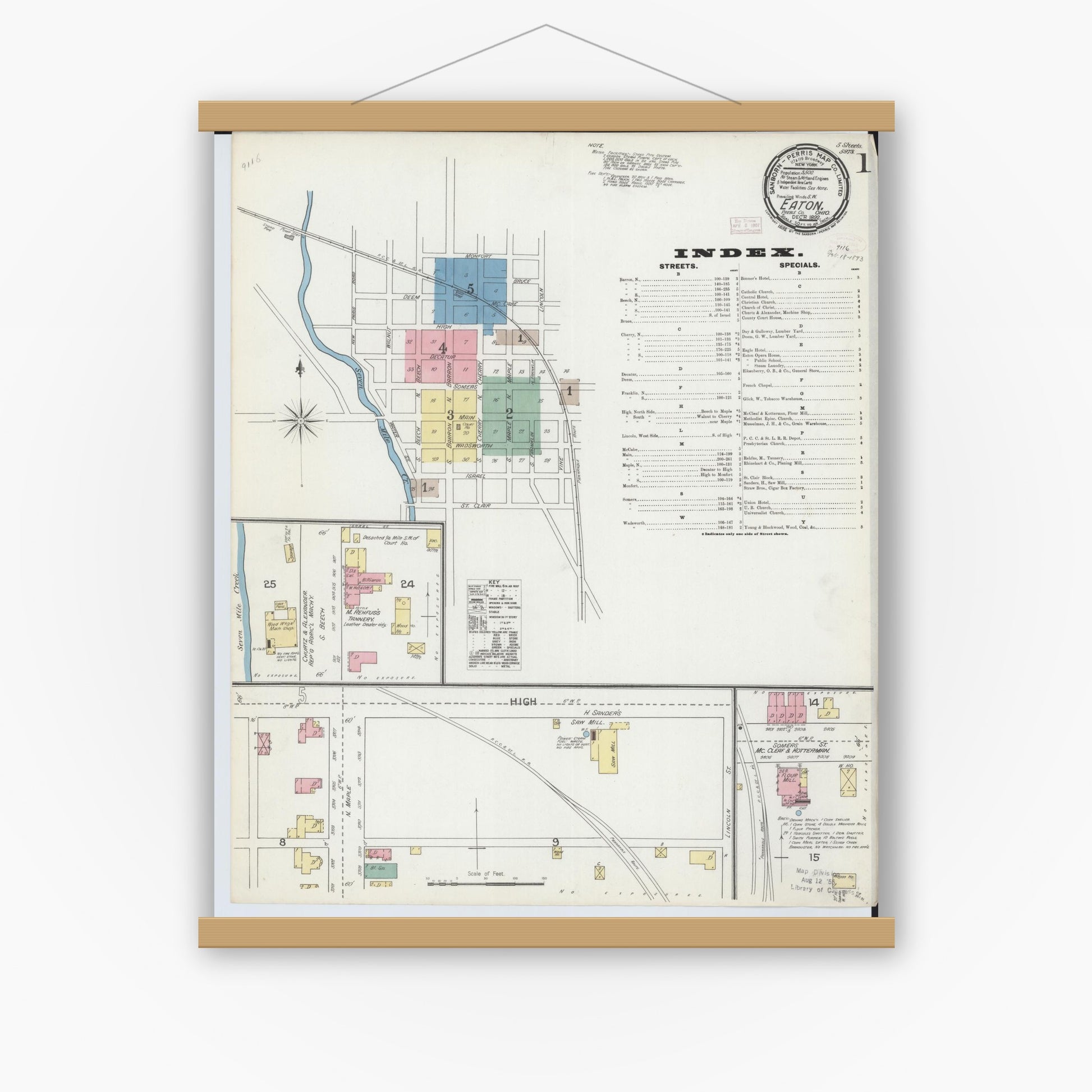 Old map wall art mockup — magnetic wood frame on white wall — Sanborn Fire Insurance Map from Eaton, Preble County, Ohio (1892) - Complete Map Set