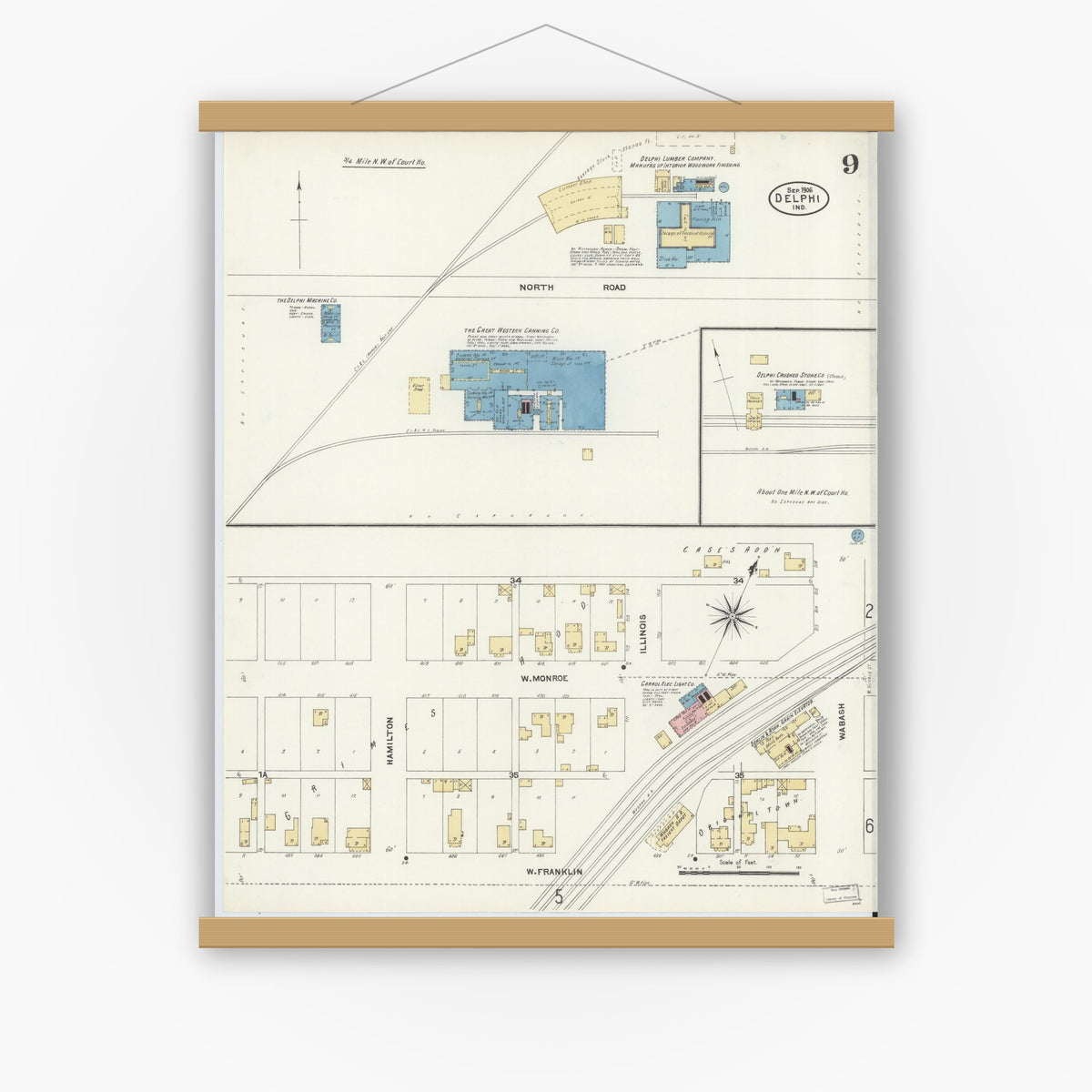 Old map wall art mockup — magnetic wood frame on white wall — Sanborn Fire Insurance Map from Delphi, Carroll County, Indiana (1906), Sheet #0009