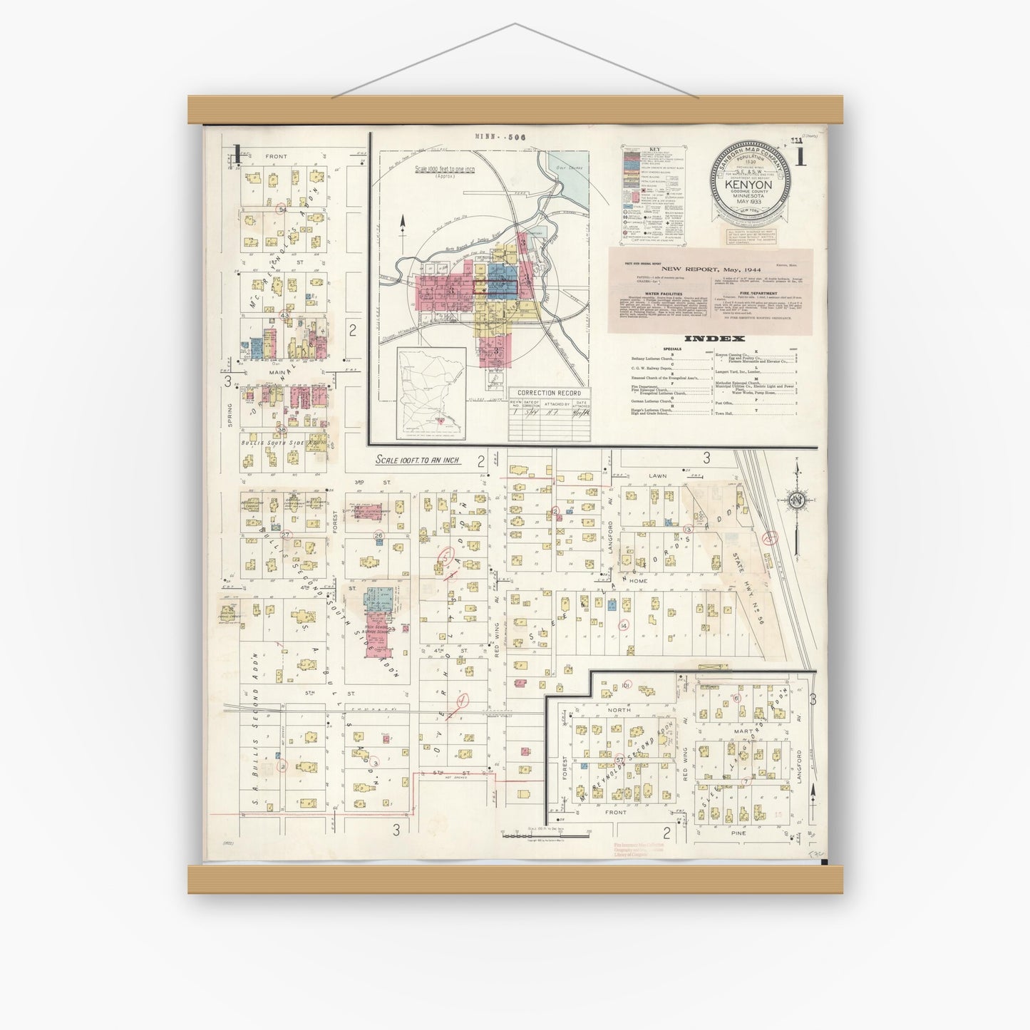 Old map wall art mockup — magnetic wood frame on white wall — Sanborn Fire Insurance Map from Kenyon, Goodhue County, Minnesota (1944) - Complete Map Set
