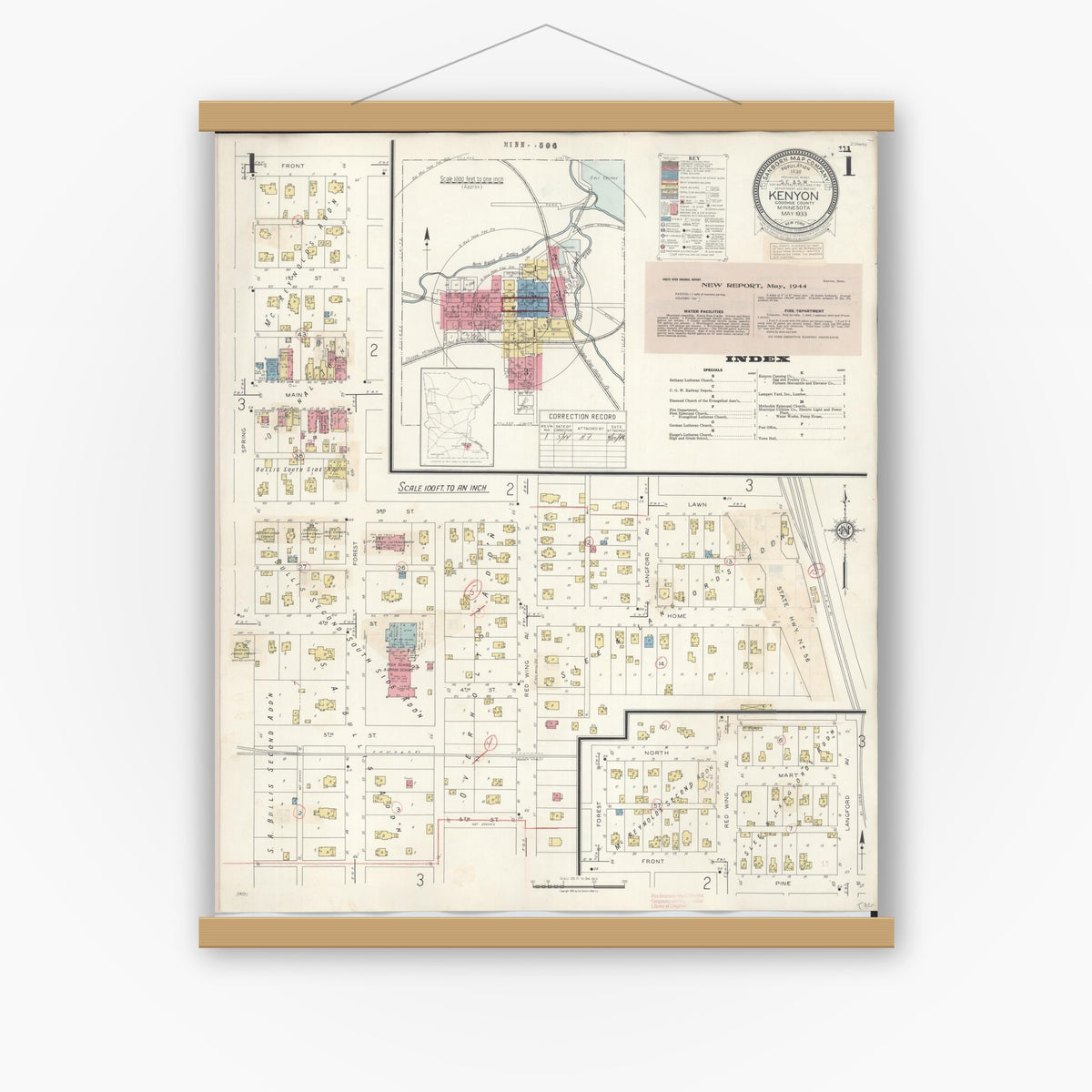 Old map wall art mockup — magnetic wood frame on white wall — Sanborn Fire Insurance Map from Kenyon, Goodhue County, Minnesota (1944) - Complete Map Set