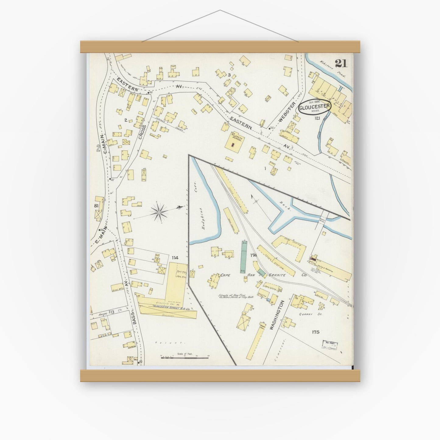 Old map wall art mockup — magnetic wood frame on white wall — Sanborn Fire Insurance Map from Gloucester, Essex County, Massachusetts (1892), Sheet #0021