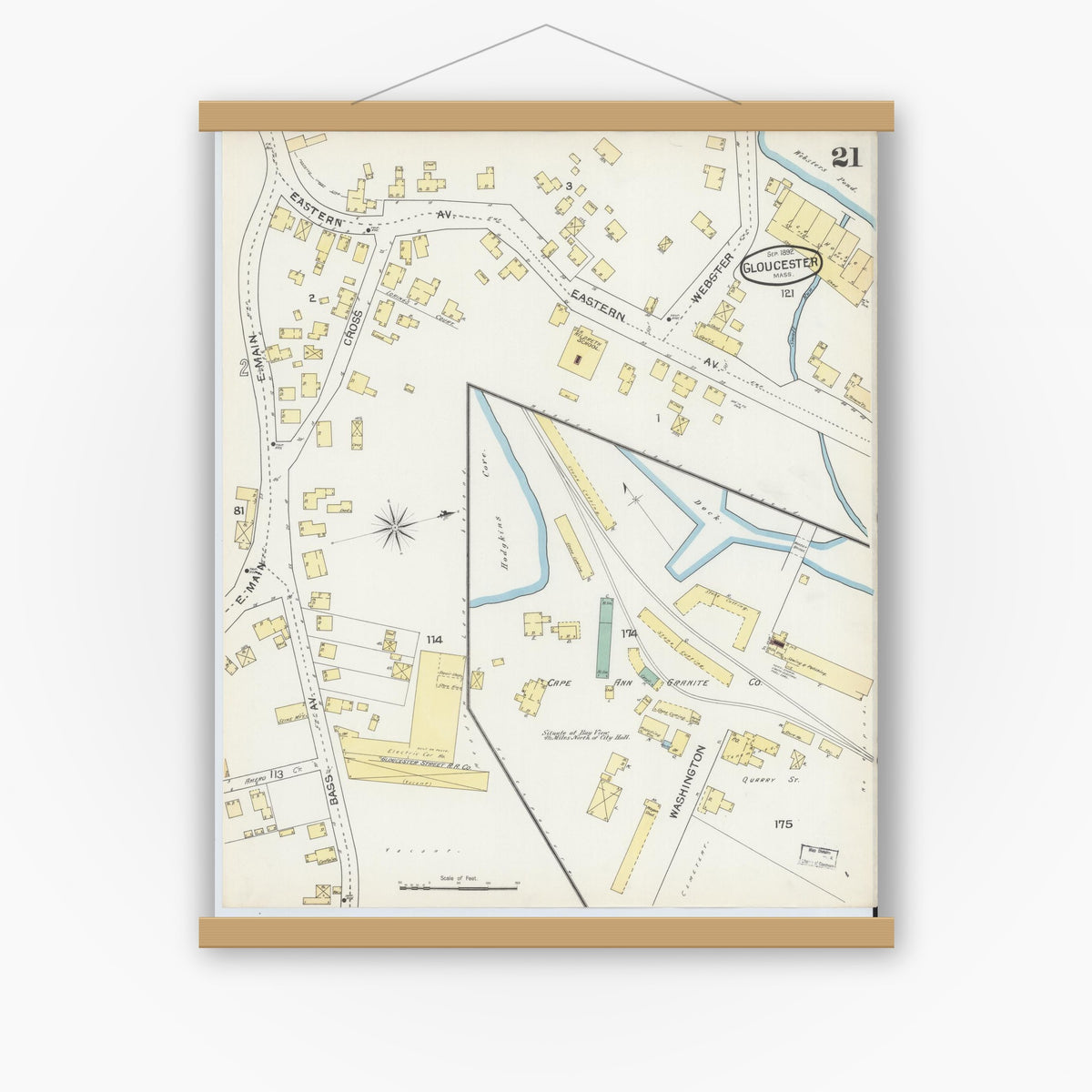 Old map wall art mockup — magnetic wood frame on white wall — Sanborn Fire Insurance Map from Gloucester, Essex County, Massachusetts (1892), Sheet #0021