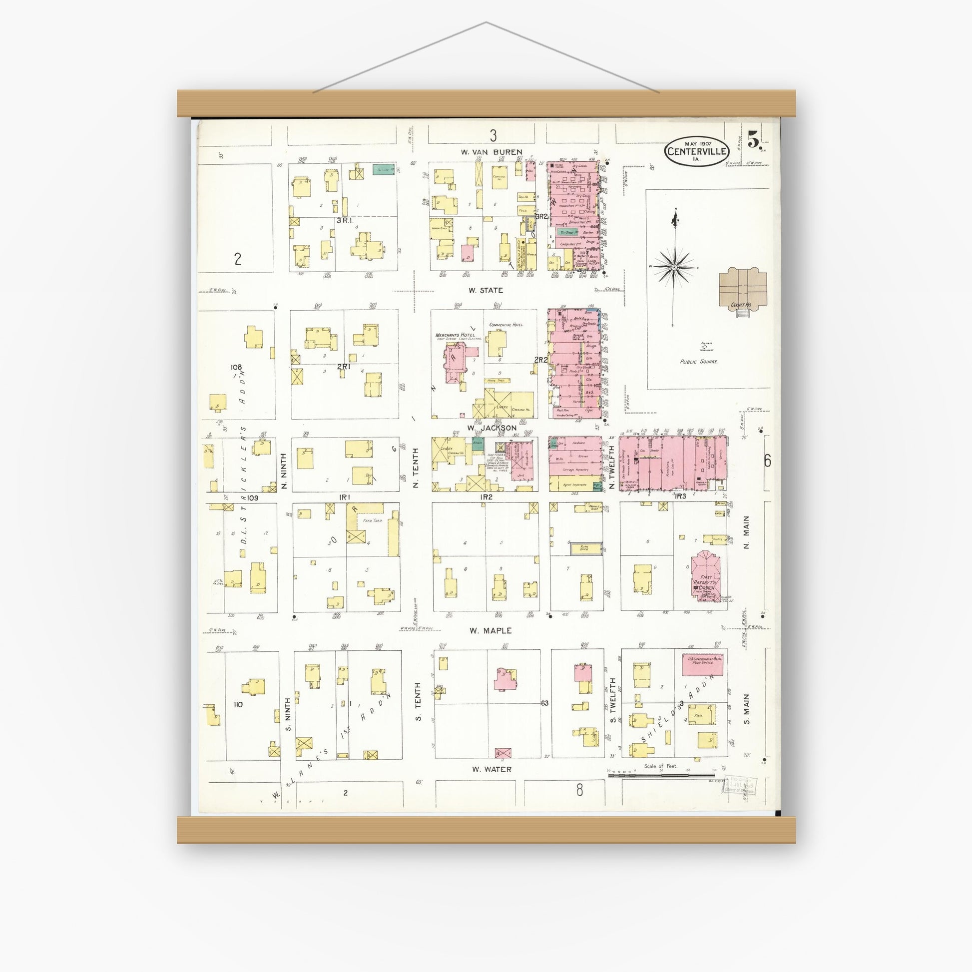 Old map wall art mockup — magnetic wood frame on white wall — Sanborn Fire Insurance Map from Centerville, Appanoose County, Iowa (1907), Sheet #0005