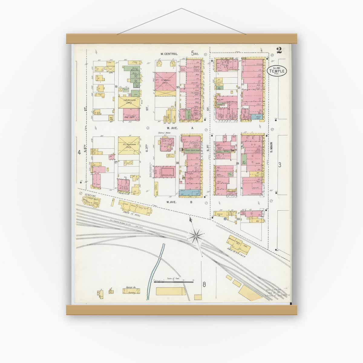 Old map wall art mockup — magnetic wood frame on white wall — Sanborn Fire Insurance Map from Temple, Bell County, Texas (1900), Sheet #0002
