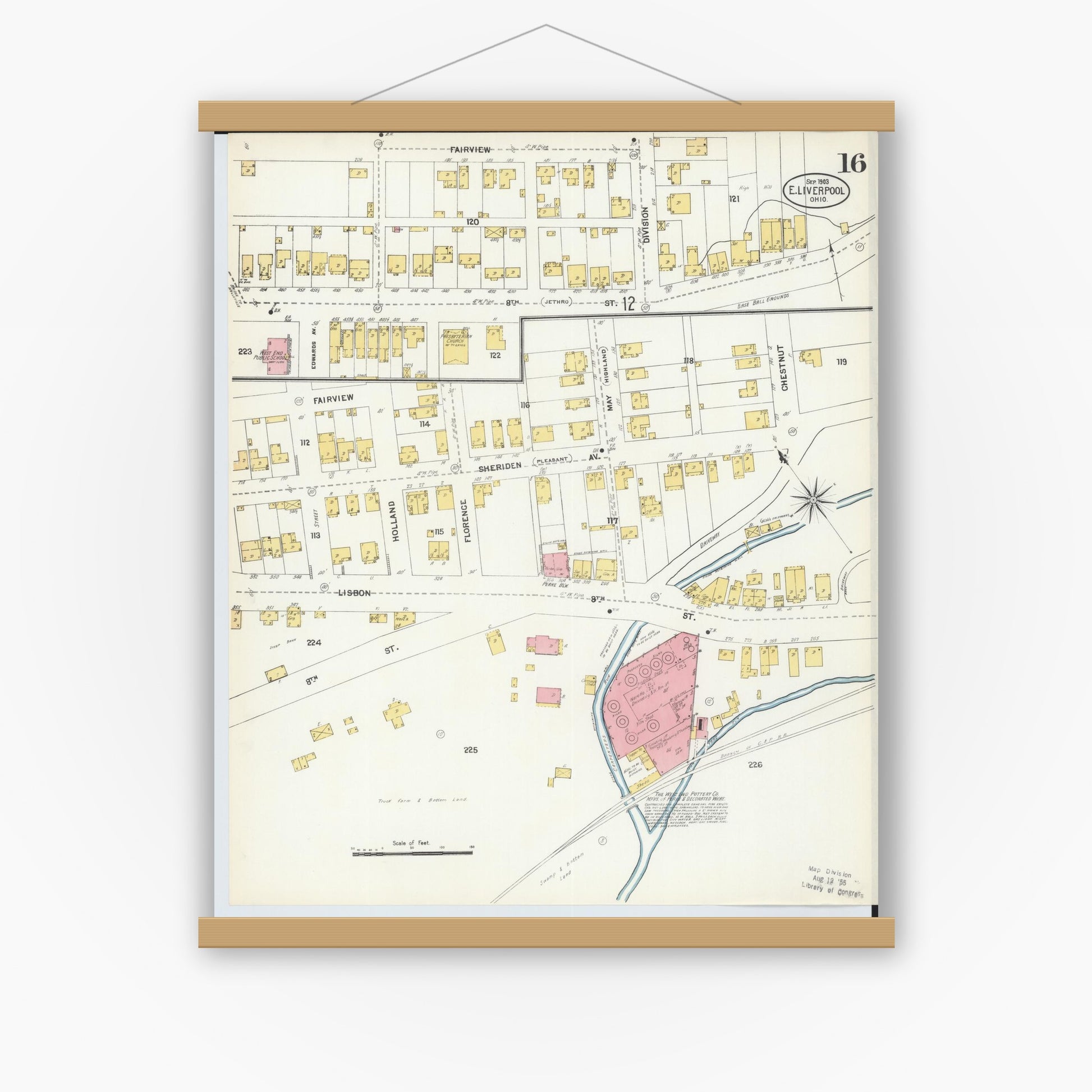 Old map wall art mockup — magnetic wood frame on white wall — Sanborn Fire Insurance Map from East Liverpool, Columbiana County, Ohio (1903), Sheet #0016