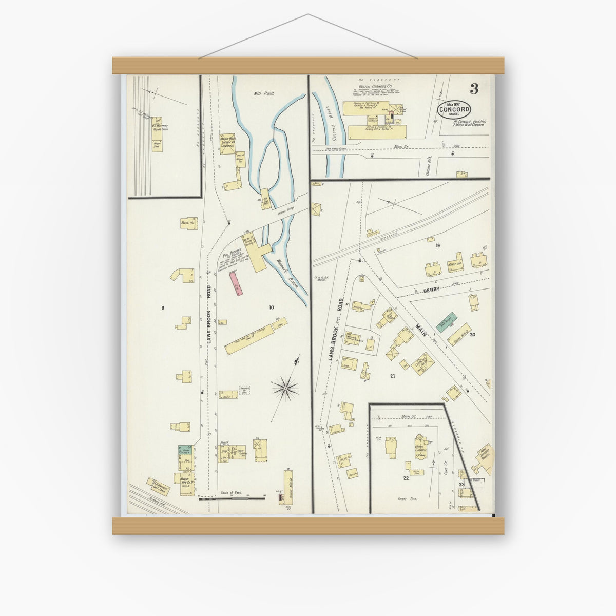 Old map wall art mockup — magnetic wood frame on white wall — Sanborn Fire Insurance Map from Concord, Middlesex County, Massachusetts (1897), Sheet #0003