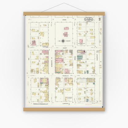 Old map wall art mockup — magnetic wood frame on white wall — Sanborn Fire Insurance Map from Glenwood, Pope County, Minnesota (1909), Sheet #0002