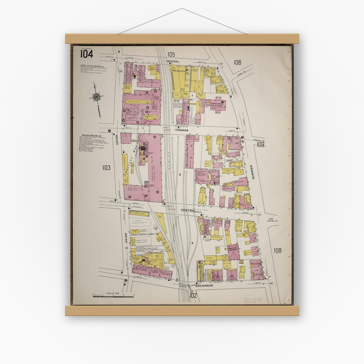 Old map wall art mockup — magnetic wood frame on white wall — Sanborn Fire Insurance Map from Worcester, Worcester County, Massachusetts (1910), Sheet #0104