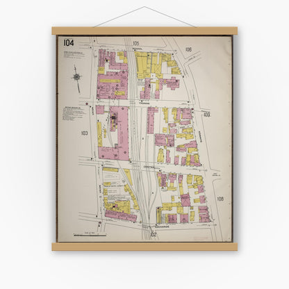 Old map wall art mockup — magnetic wood frame on white wall — Sanborn Fire Insurance Map from Worcester, Worcester County, Massachusetts (1910), Sheet #0104