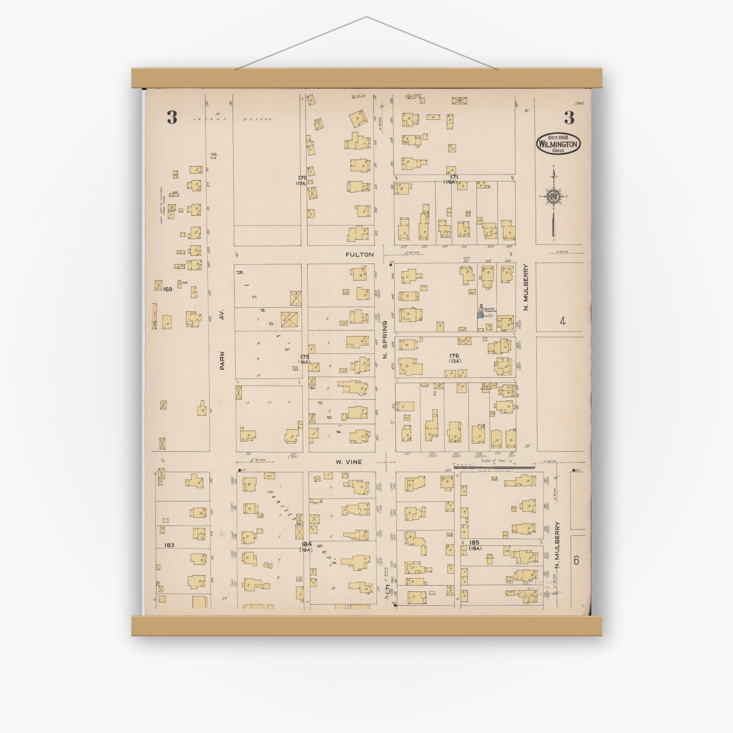 Old map wall art mockup — magnetic wood frame on white wall — Sanborn Fire Insurance Map from Wilmington, Clinton County, Ohio (1922), Sheet #0003