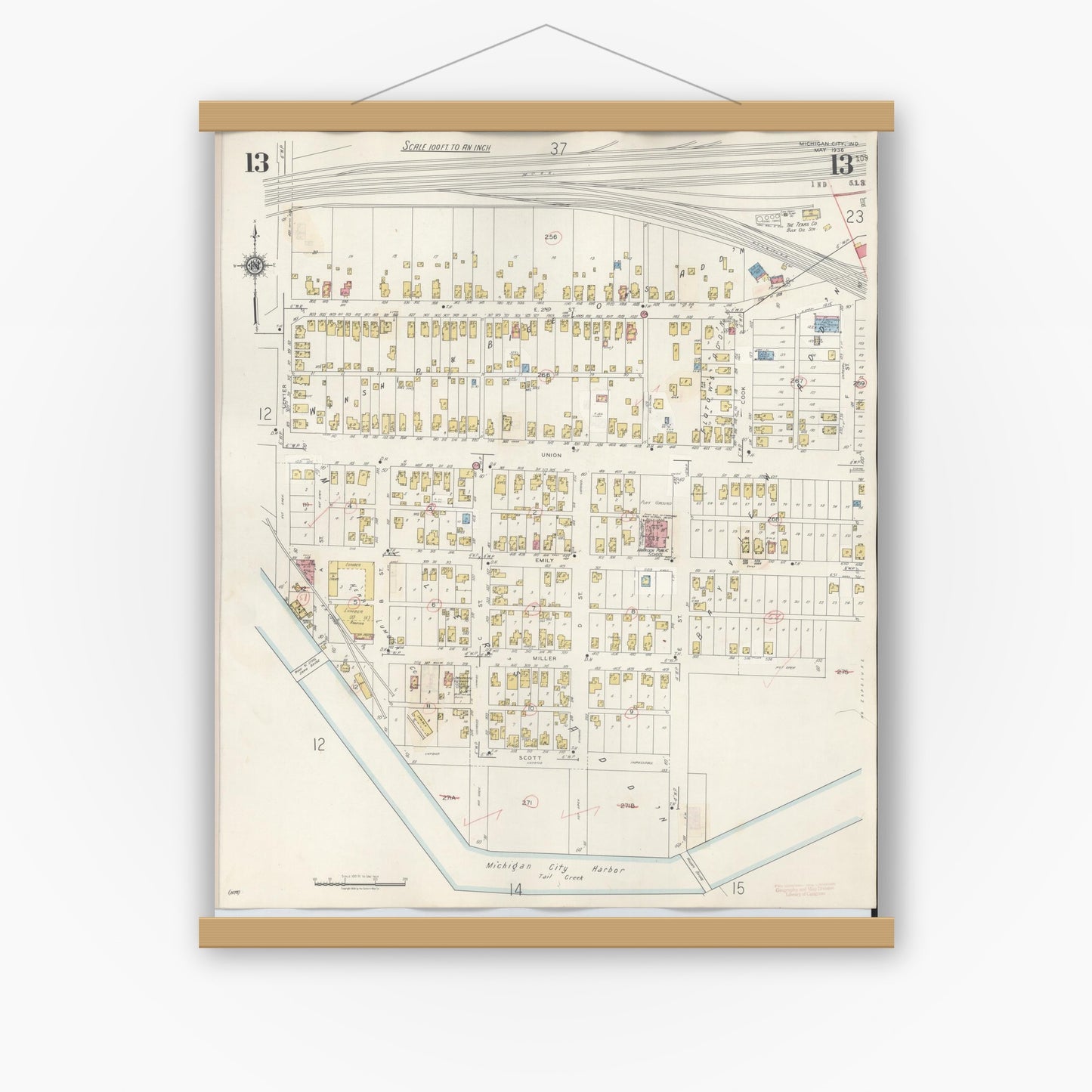 Old map wall art mockup — magnetic wood frame on white wall — Sanborn Fire Insurance Map from Michigan City, La Porte County, Indiana (1948), Sheet #0013