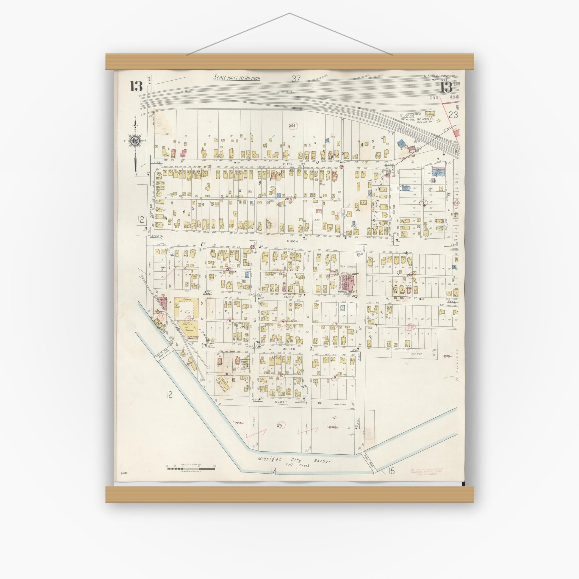 Old map wall art mockup — magnetic wood frame on white wall — Sanborn Fire Insurance Map from Michigan City, La Porte County, Indiana (1948), Sheet #0013
