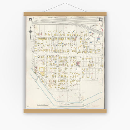 Old map wall art mockup — magnetic wood frame on white wall — Sanborn Fire Insurance Map from Michigan City, La Porte County, Indiana (1948), Sheet #0013
