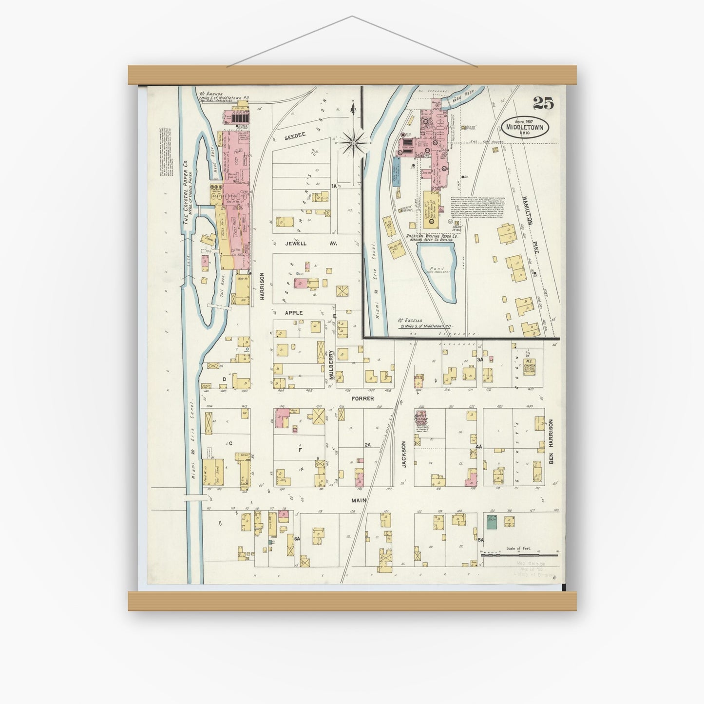 Old map wall art mockup — magnetic wood frame on white wall — Sanborn Fire Insurance Map from Middletown, Butler County, Ohio (1907), Sheet #0025
