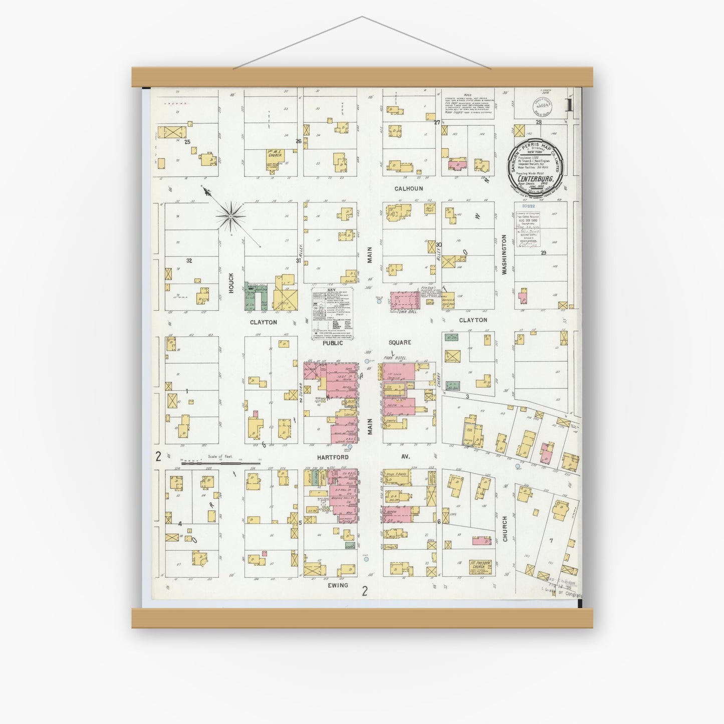 Old map wall art mockup — magnetic wood frame on white wall — Sanborn Fire Insurance Map from Centerburg, Knox County, Ohio (1900), Sheet #0001