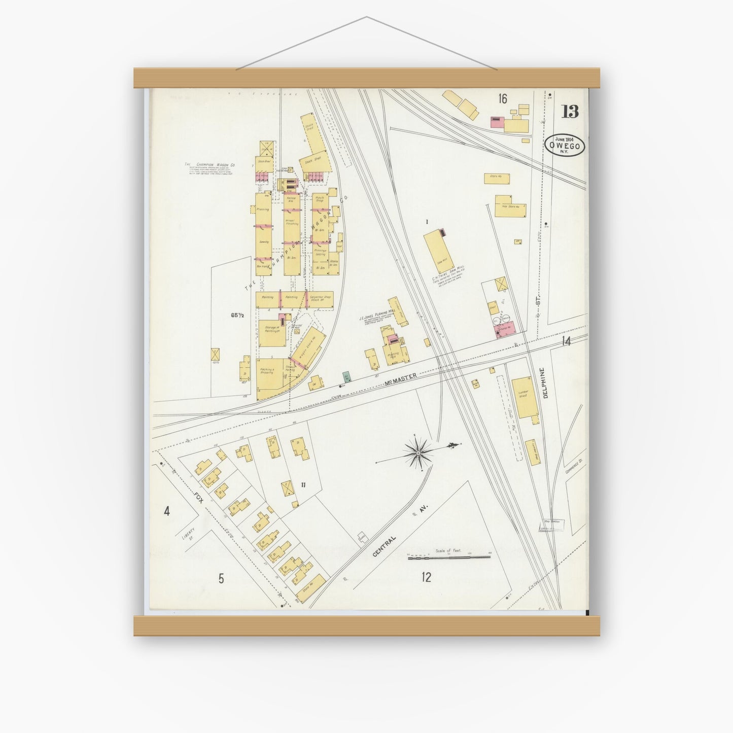 Old map wall art mockup — magnetic wood frame on white wall — Sanborn Fire Insurance Map from Owego, Tioga County, New York (1904), Sheet #0013