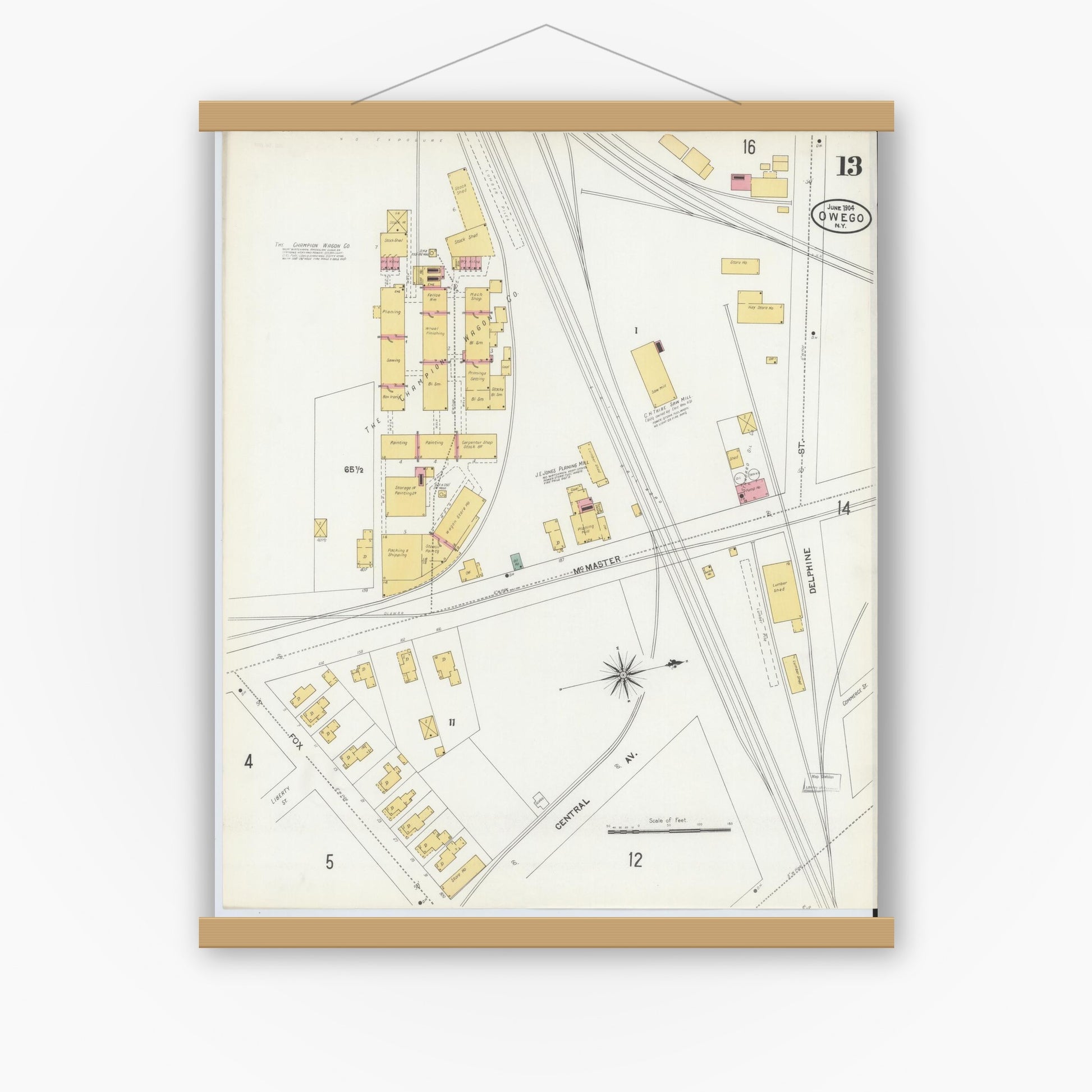 Old map wall art mockup — magnetic wood frame on white wall — Sanborn Fire Insurance Map from Owego, Tioga County, New York (1904), Sheet #0013