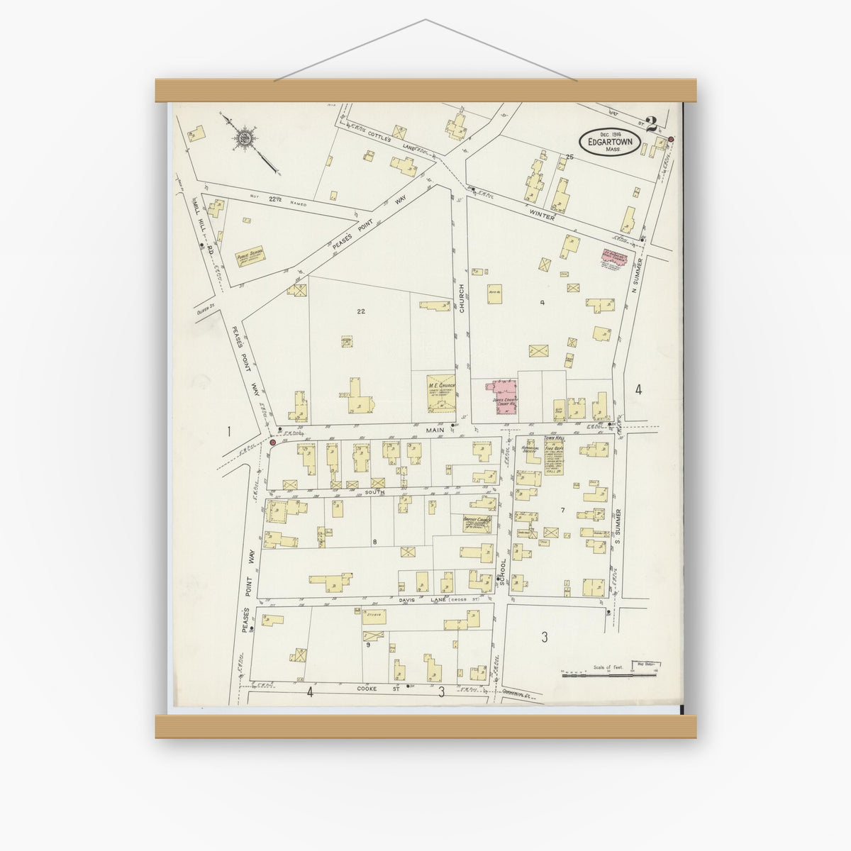 Old map wall art mockup — magnetic wood frame on white wall — Sanborn Fire Insurance Map from Edgartown, Dukes County, Massachusetts (1914), Sheet #0002