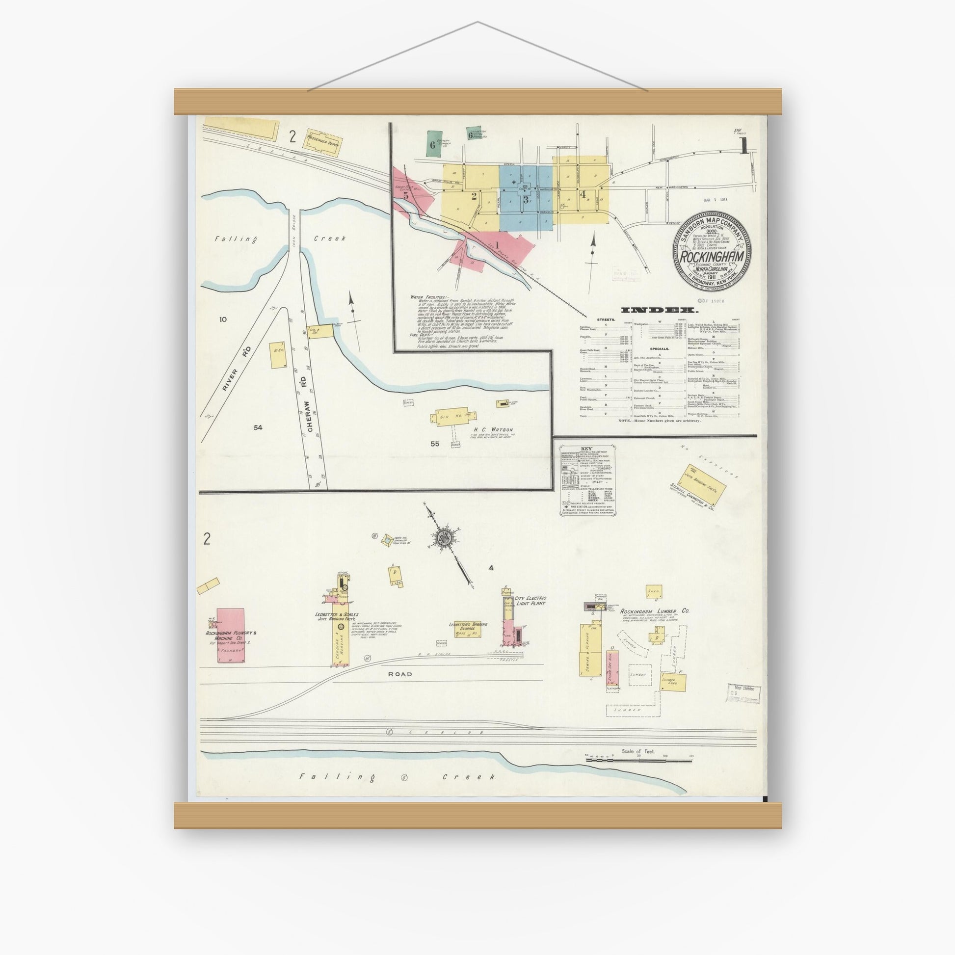 Old map wall art mockup — magnetic wood frame on white wall — Sanborn Fire Insurance Map from Rockingham, Richmond County, North Carolina (1911), Sheet #0001