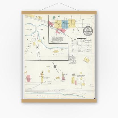 Old map wall art mockup — magnetic wood frame on white wall — Sanborn Fire Insurance Map from Rockingham, Richmond County, North Carolina (1911), Sheet #0001