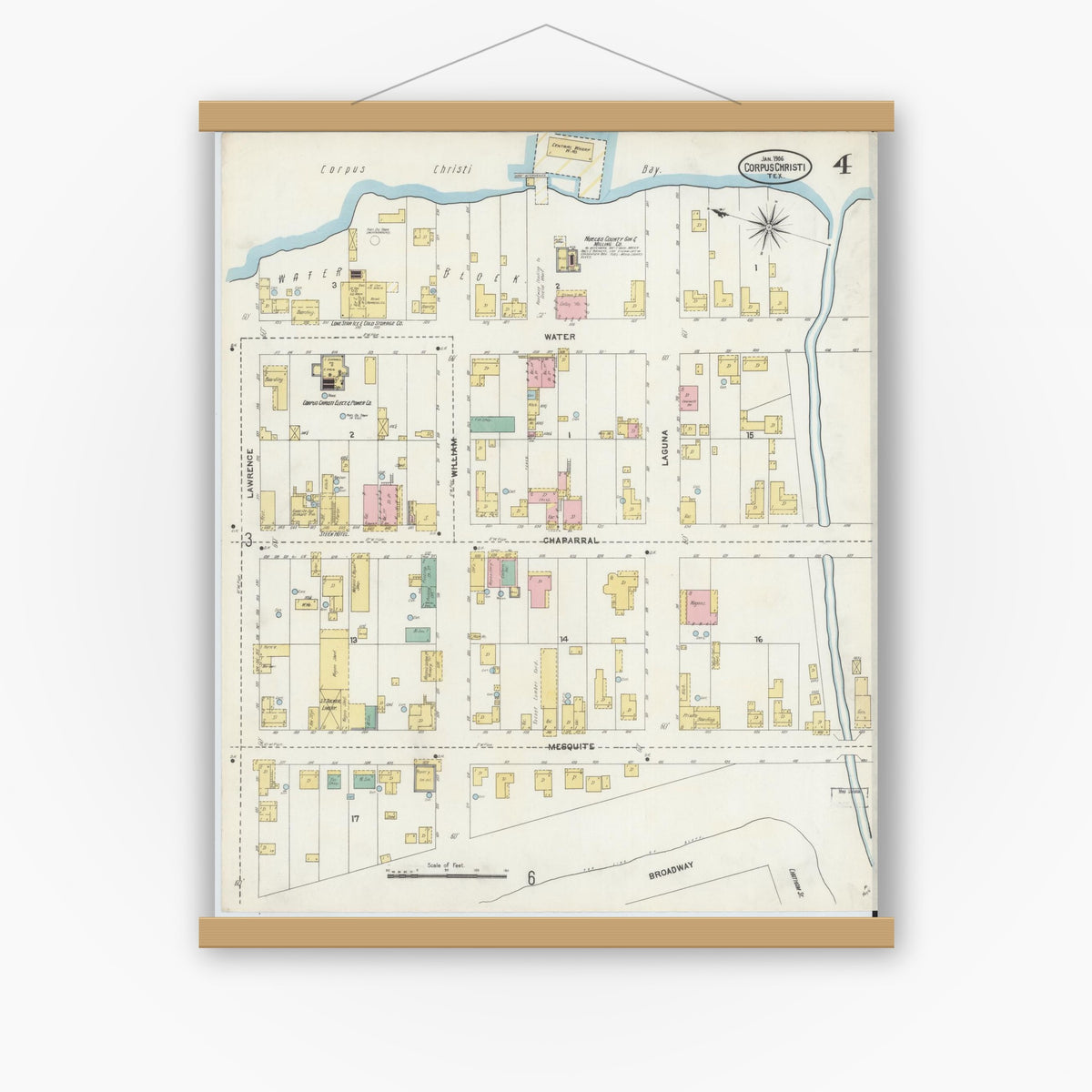Old map wall art mockup — magnetic wood frame on white wall — Sanborn Fire Insurance Map from Corpus Christi, Nueces County, Texas (1906), Sheet #0004
