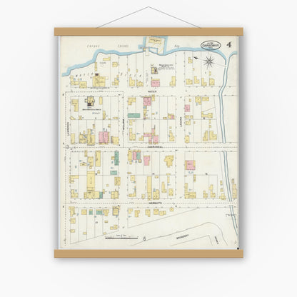 Old map wall art mockup — magnetic wood frame on white wall — Sanborn Fire Insurance Map from Corpus Christi, Nueces County, Texas (1906), Sheet #0004