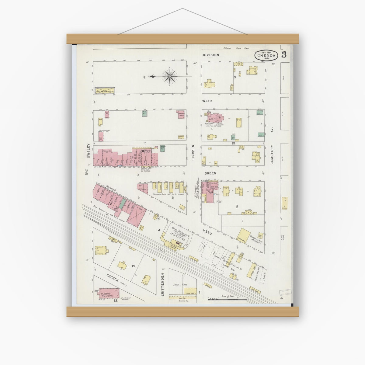 Old map wall art mockup — magnetic wood frame on white wall — Sanborn Fire Insurance Map from Chenoa, McLean County, Illinois (1894), Sheet #0003