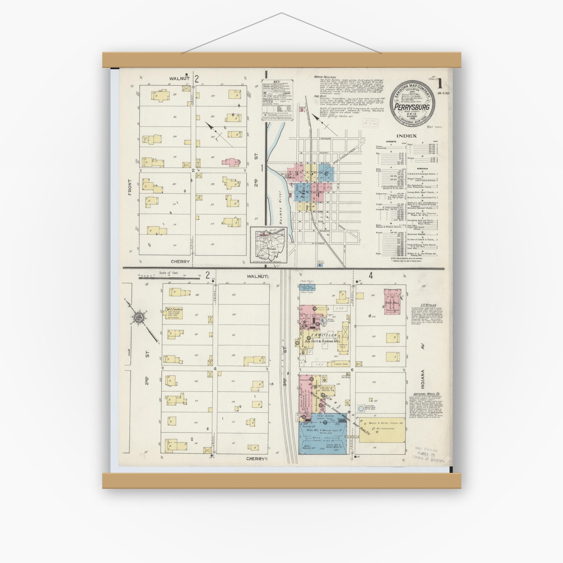 Old map wall art mockup — magnetic wood frame on white wall — Sanborn Fire Insurance Map from Perrysburg, Wood County, Ohio (1914) - Complete Map Set
