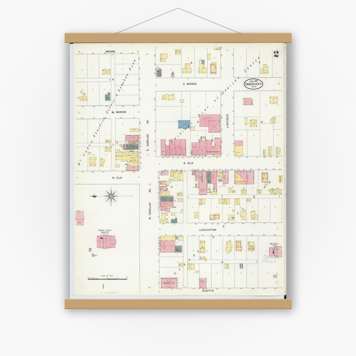 Old map wall art mockup — magnetic wood frame on white wall — Sanborn Fire Insurance Map from Sandusky, Sanilac County, Michigan (1909), Sheet #0002