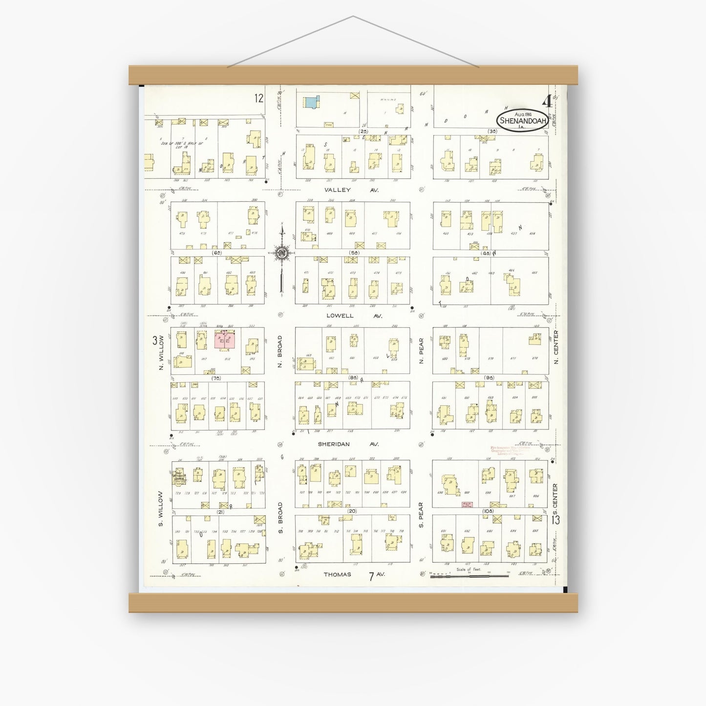 Old map wall art mockup — magnetic wood frame on white wall — Sanborn Fire Insurance Map from Shenandoah, Page County, Iowa (1914), Sheet #0004