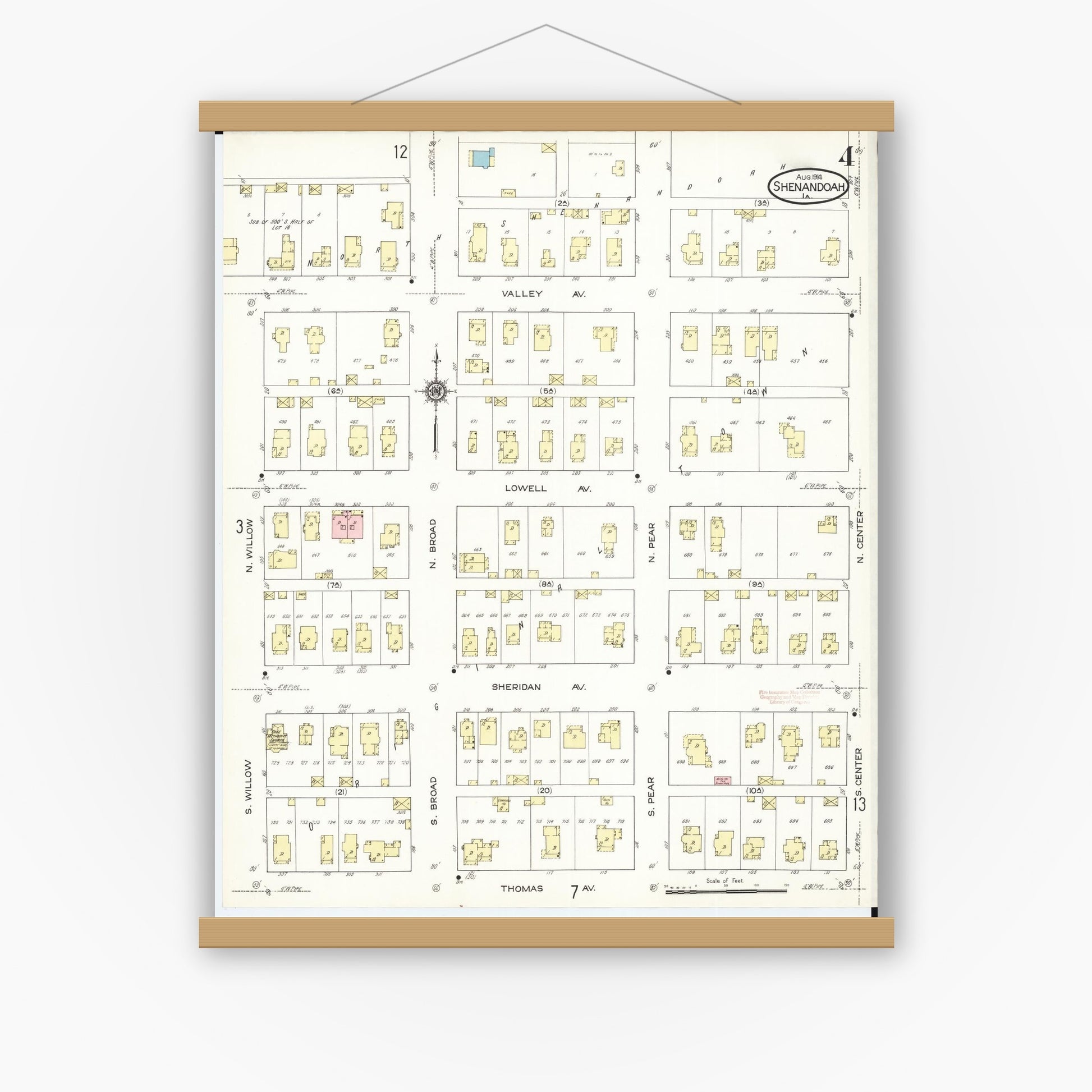 Old map wall art mockup — magnetic wood frame on white wall — Sanborn Fire Insurance Map from Shenandoah, Page County, Iowa (1914), Sheet #0004