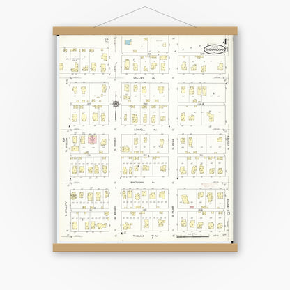 Old map wall art mockup — magnetic wood frame on white wall — Sanborn Fire Insurance Map from Shenandoah, Page County, Iowa (1914), Sheet #0004