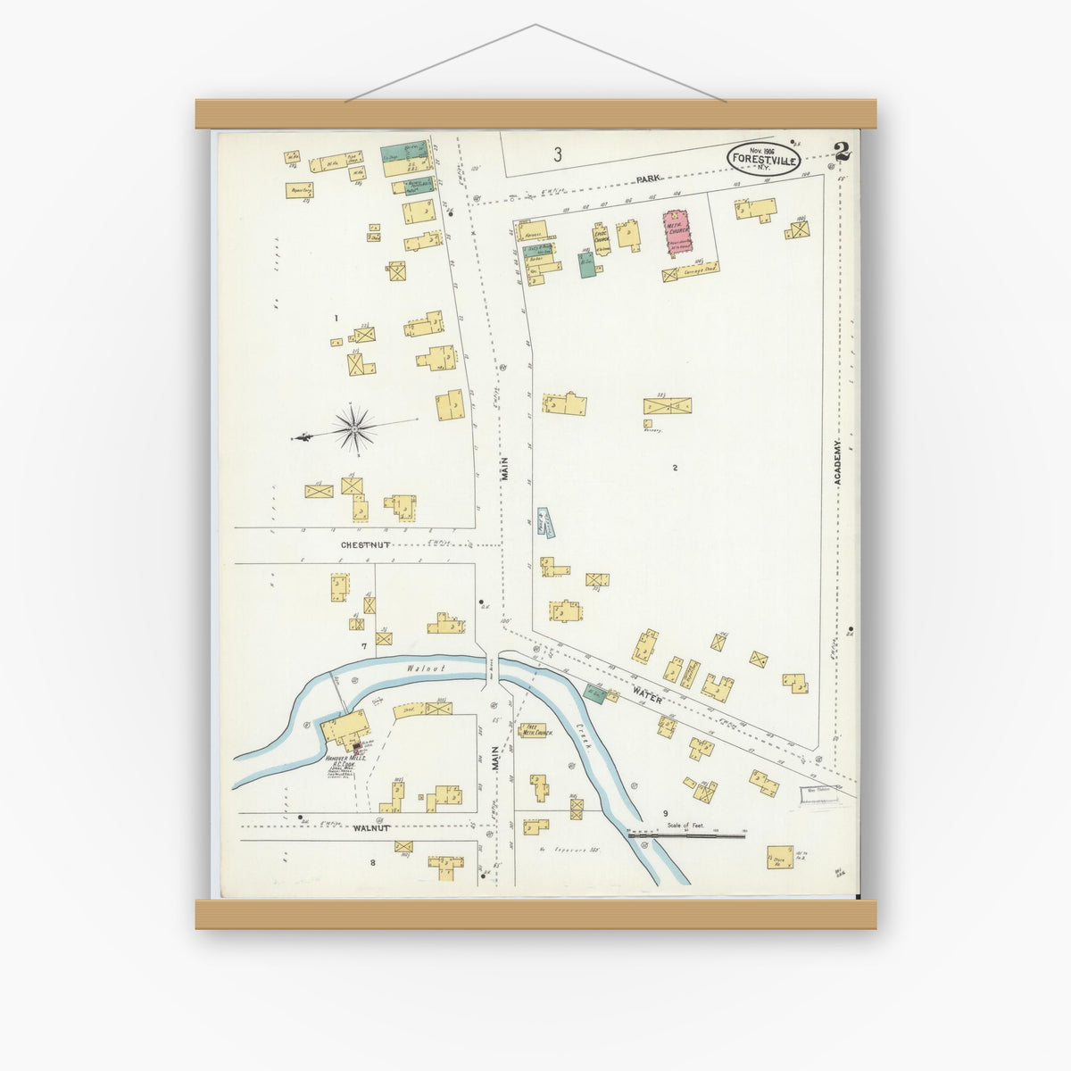 Old map wall art mockup — magnetic wood frame on white wall — Sanborn Fire Insurance Map from Forestville, Chautauqua County, New York (1906), Sheet #0002