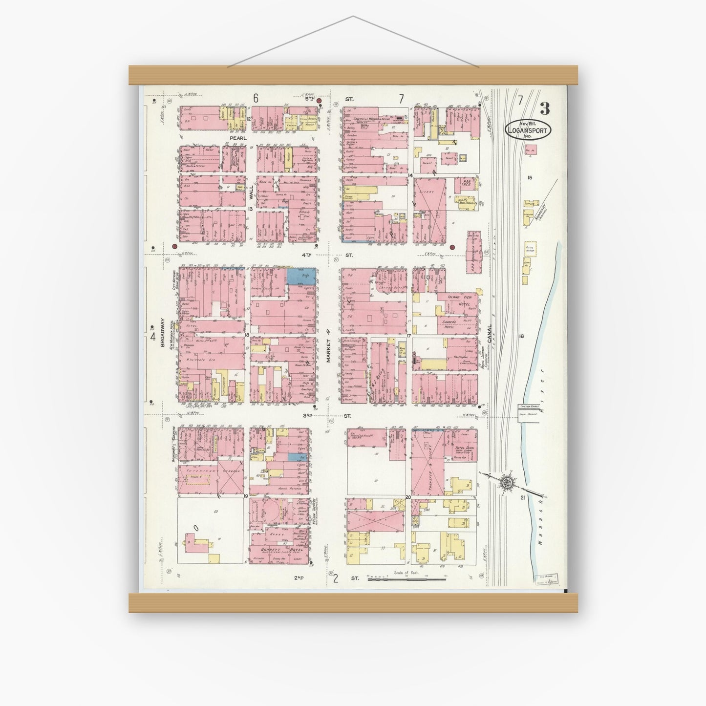 Old map wall art mockup — magnetic wood frame on white wall — Sanborn Fire Insurance Map from Logansport, Cass County, Indiana (1911), Sheet #0003