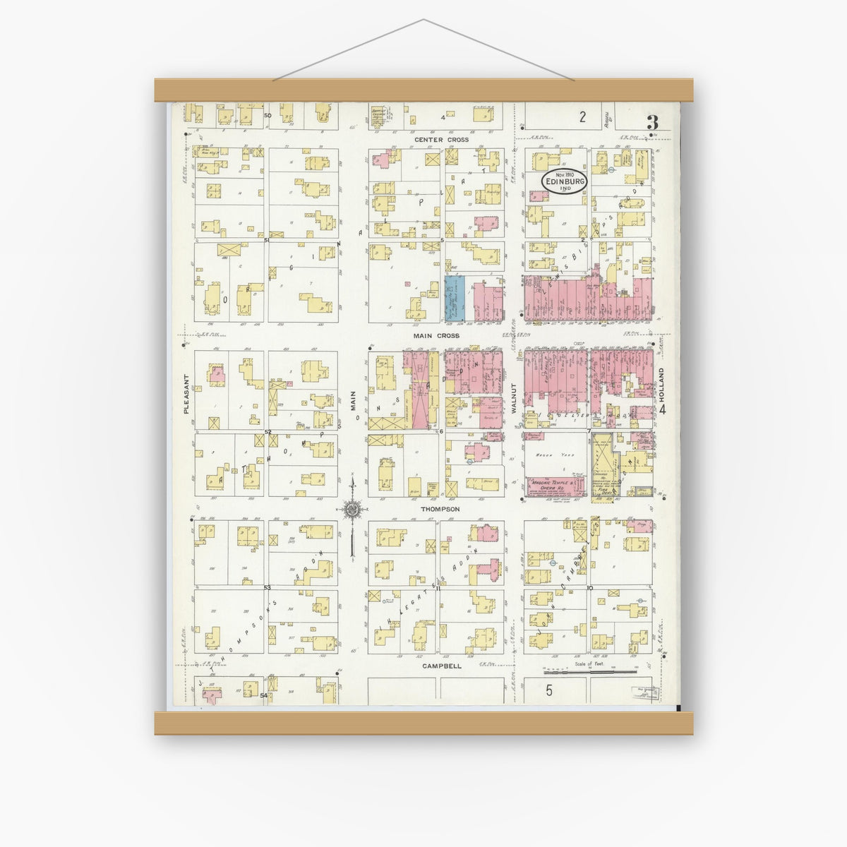 Old map wall art mockup — magnetic wood frame on white wall — Sanborn Fire Insurance Map from Edinburg, Johnson And Bartholomew Counties, Indiana (1910), Sheet #0003