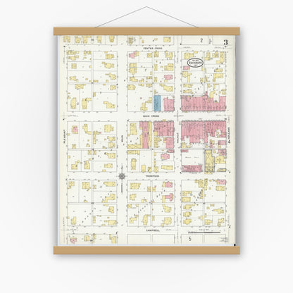 Old map wall art mockup — magnetic wood frame on white wall — Sanborn Fire Insurance Map from Edinburg, Johnson And Bartholomew Counties, Indiana (1910), Sheet #0003